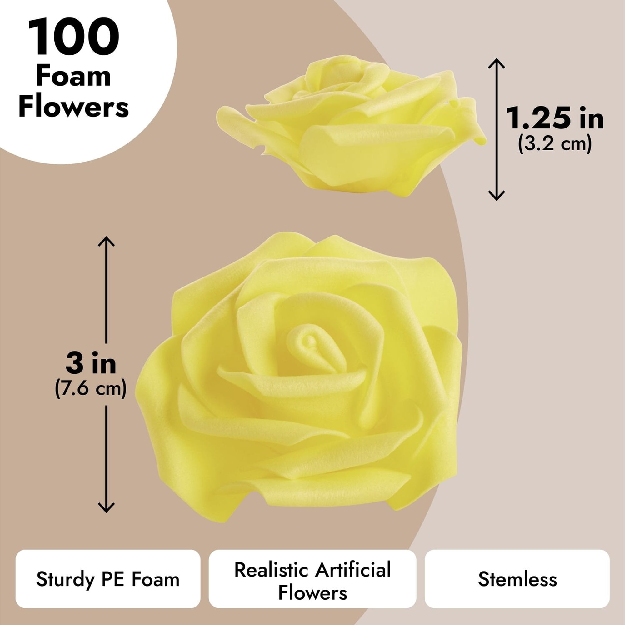 Juvale Artificial Foam Roses - 100-Pack Stemless, Yellow, 3-Inch Diameter - Faux Flowers for Vase Displays, Wedding Decor & Centerpiece Table Decorations