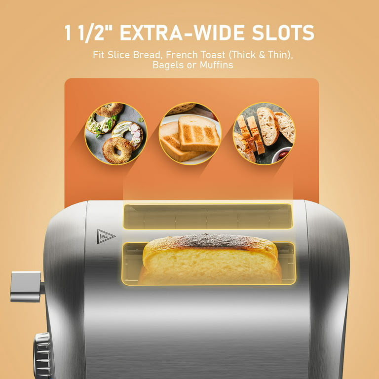 2 Slice Stainless Steel Toaster with Extra-Wide Slot, LED Display 7 Browning Settings, 850 W, Silver, Size: 11.7 x 7.2 x 8.6