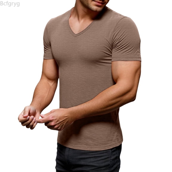 Bcfgryg Men's V Neck T Shirt Casual Comfortable Breathable Soft Basic Tee For Daily Wear Home Outdoor Hiking Spring Summer Men's T Shirts Brown L