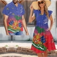 thumbnail image 2 of Garronmavis Haiti Flag Matching Couple Outfits Husban and Wife Clothing Men's Button Down Summer Beach Shirt Blouse and Womens Short Sleeve Dress Flowy Hawaiian Sundress, 2 of 7