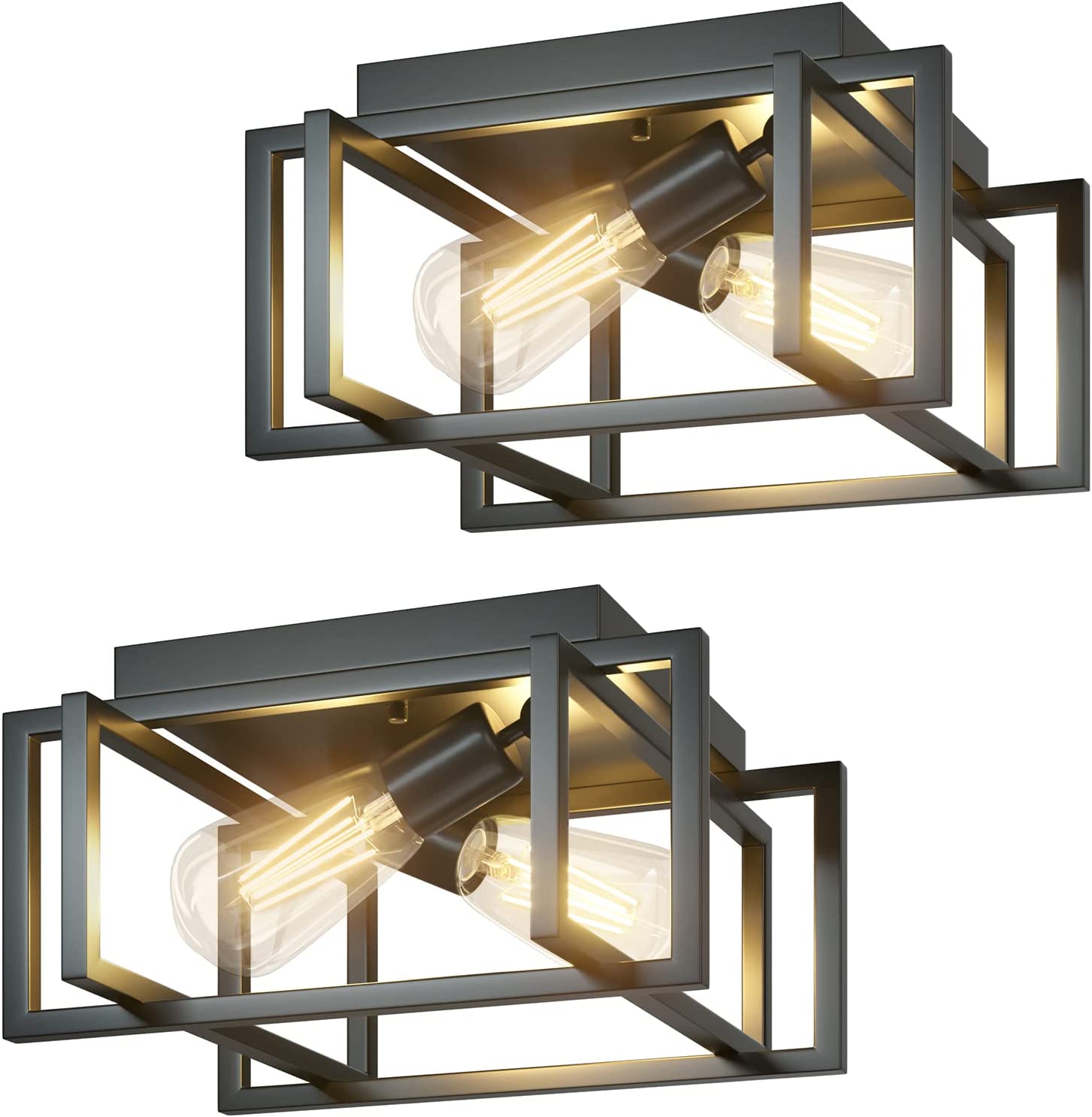 2Light Flush Mount Ceiling Light Fixture, Industrial Black Metal