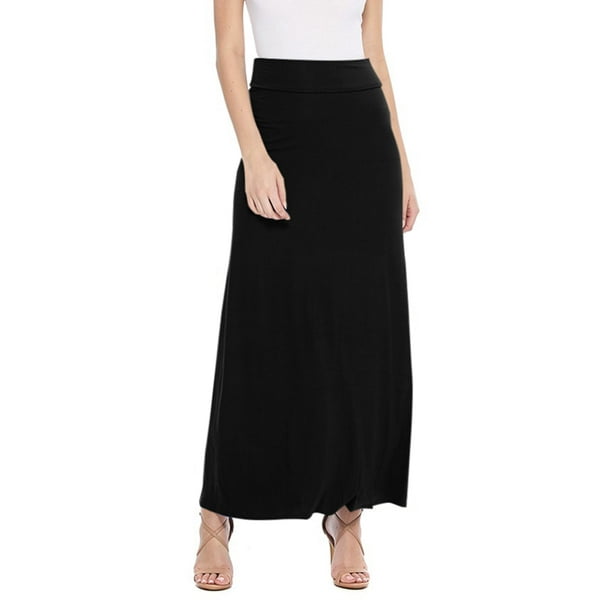 Women's Basic Casual High Waist Foldable Waistband Solid Maxi Skirt S ...