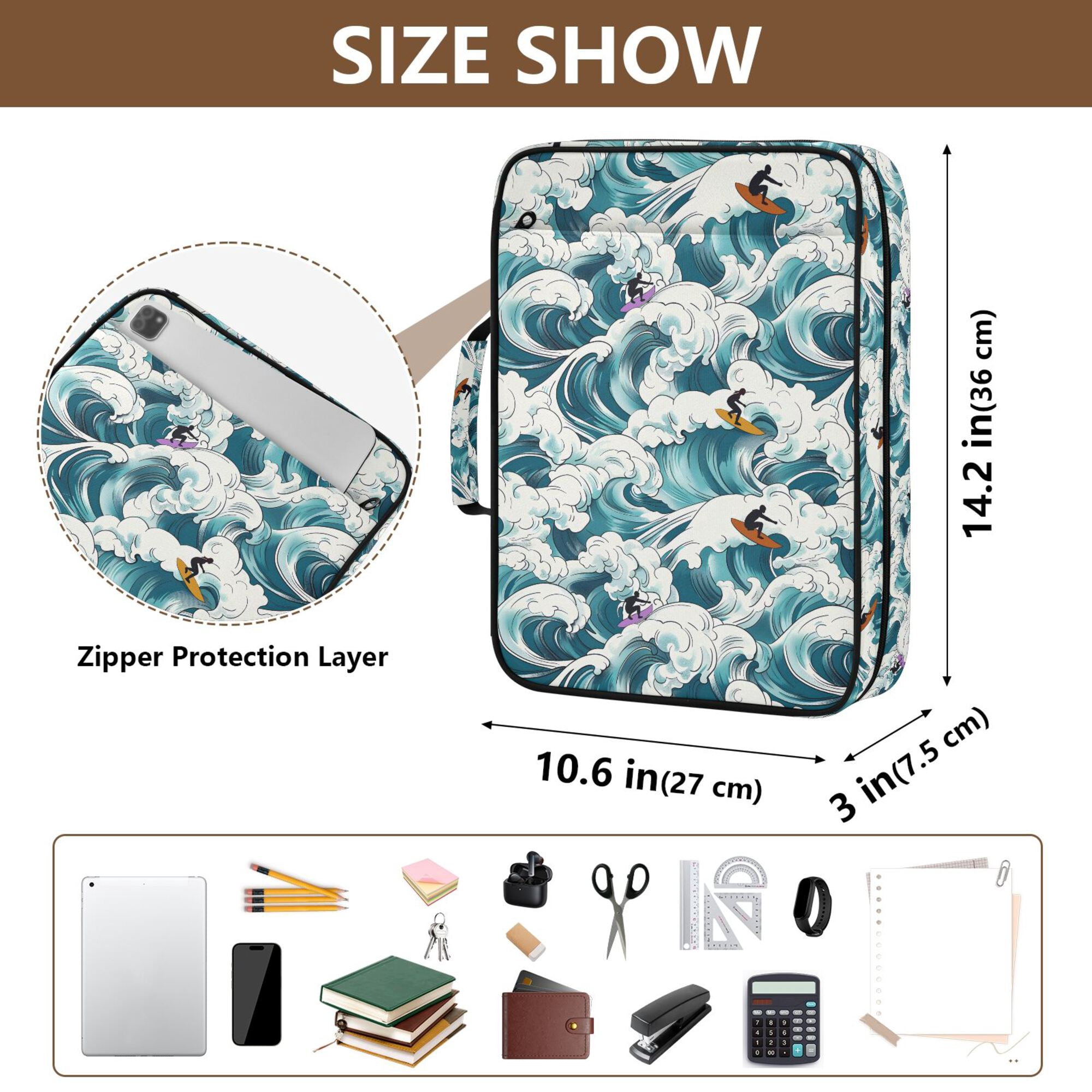 FORMRS Accordion File Folder A4 Size 7-Pocket Expanding Document Organizer Bag with 3 Ring Binder, Green Ocean Waves Pattern