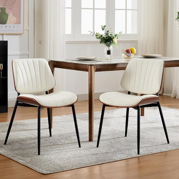 Dining Chairs Set of 2, Mid-Century Modern Upholstered Retro PU Leather Kitchen Chairs with Walnut Bentwood Back and Metal Legs Adjustable Feet for Kitchen Dining Room, White Shell Strips