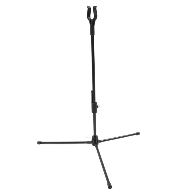 Recurve Bow Stand, Adjustable Archery Bow Holder Rack in black, featuring a lightweight design made of ABS, glass fiber rod, and aluminum alloy. The stand includes a 17.7-inch rod and 8.5-inch bottom legs, with a forked top for stabilizing bow strings and reducing friction. Suitable for outdoor hunting, portable archery stand, and compatible with multiple recurve bows.