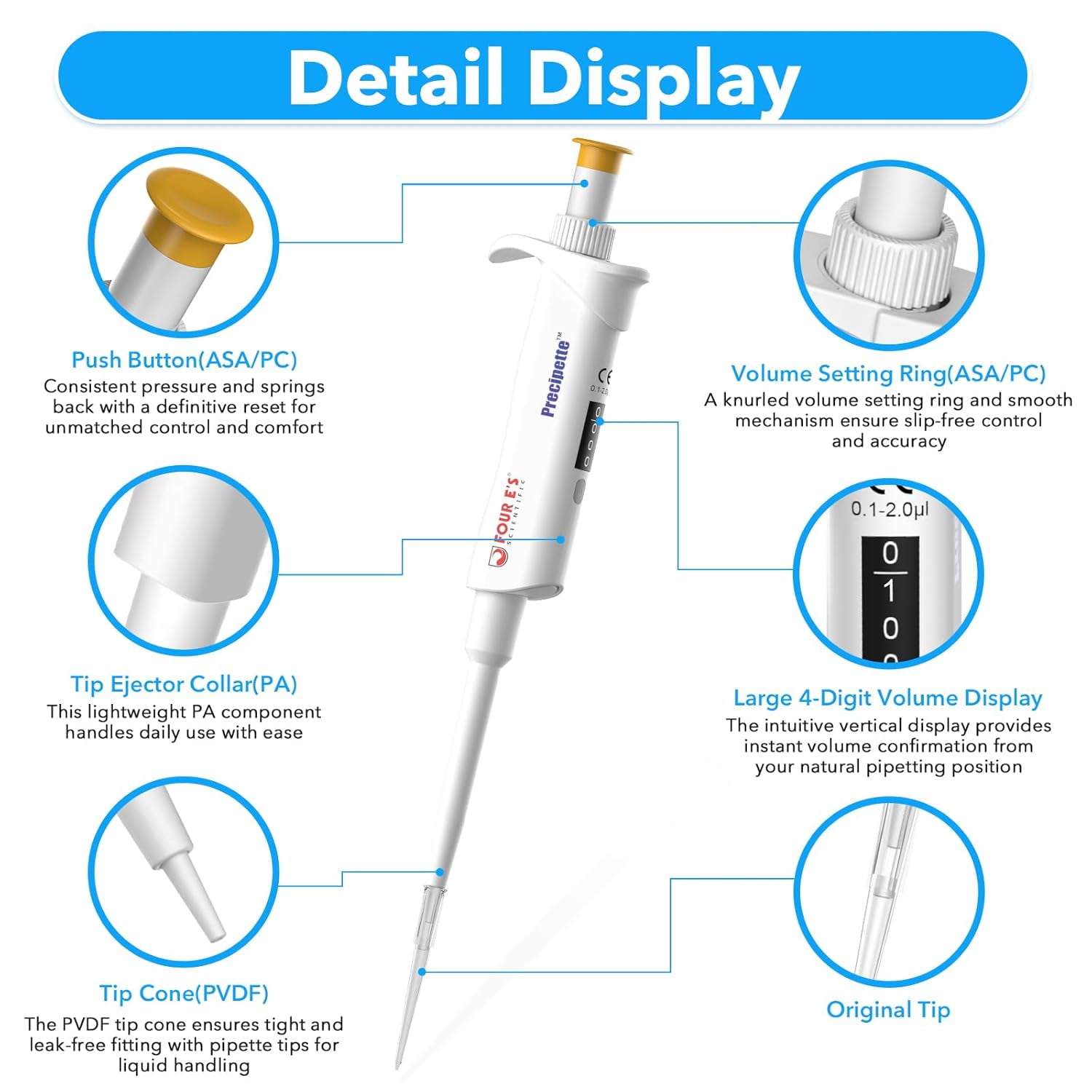 FOUR E's Scientific 0.1-2μL Pipette, High Accurate Single-Channel Pipettor, Adjustable Variable Volume Micropipette for Laboratory