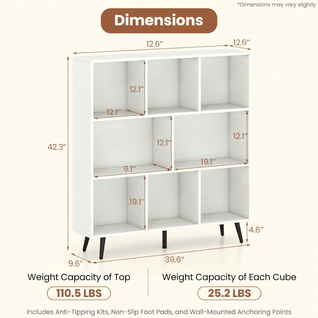 Spaco 8-Cube Bookcase - 5 Tapered Metal Legs Anti-Tip, Easy-Clean Surface, White