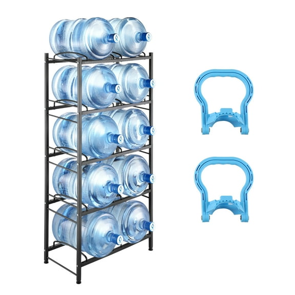 VEVOR 5 Tiers Water Jug Holder, 5 Gallon Water Bottle Holder, Double Row Water Bottle Rack for 10 Bottles, Heavy Duty Water Jug Rack for Kitchen, Office, Living Room, Black
