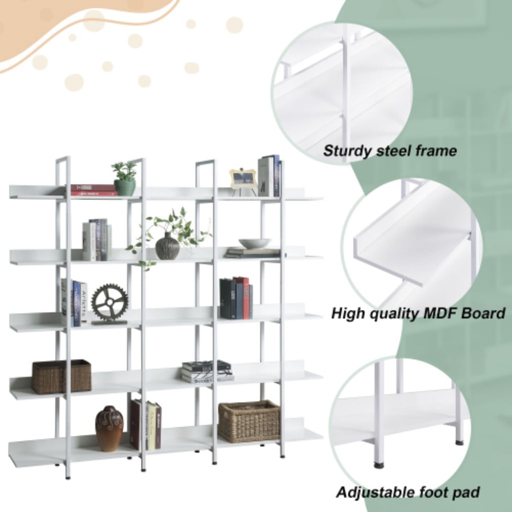 5-Tier Industrial Bookcase, Vintage Open Bookshelf with Metal Frame & MDF Shelves, 80 Lbs Per Shelf, Freestanding Display Storage Rack for Living Room & Home Office, White