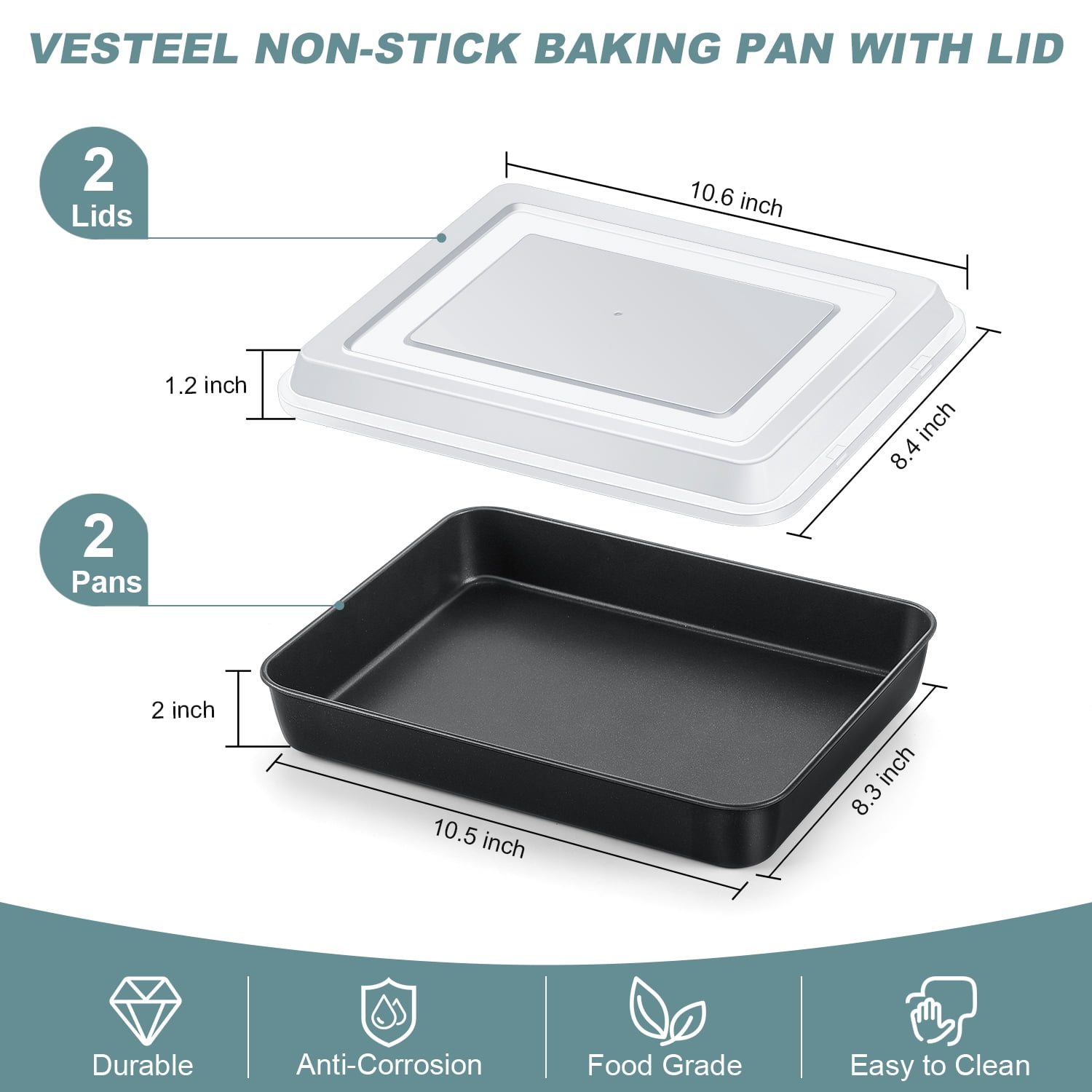 Vesteel Nonstick Baking Pan with Lid, Stainless Steel Rectangle Sheet Cake Pans with Covers, Non-toxic Bakeware Set for Casseroles Brownies Cakes, 2 Pans + 2 Lids, 10.5 x 8.3 x 2 Inch