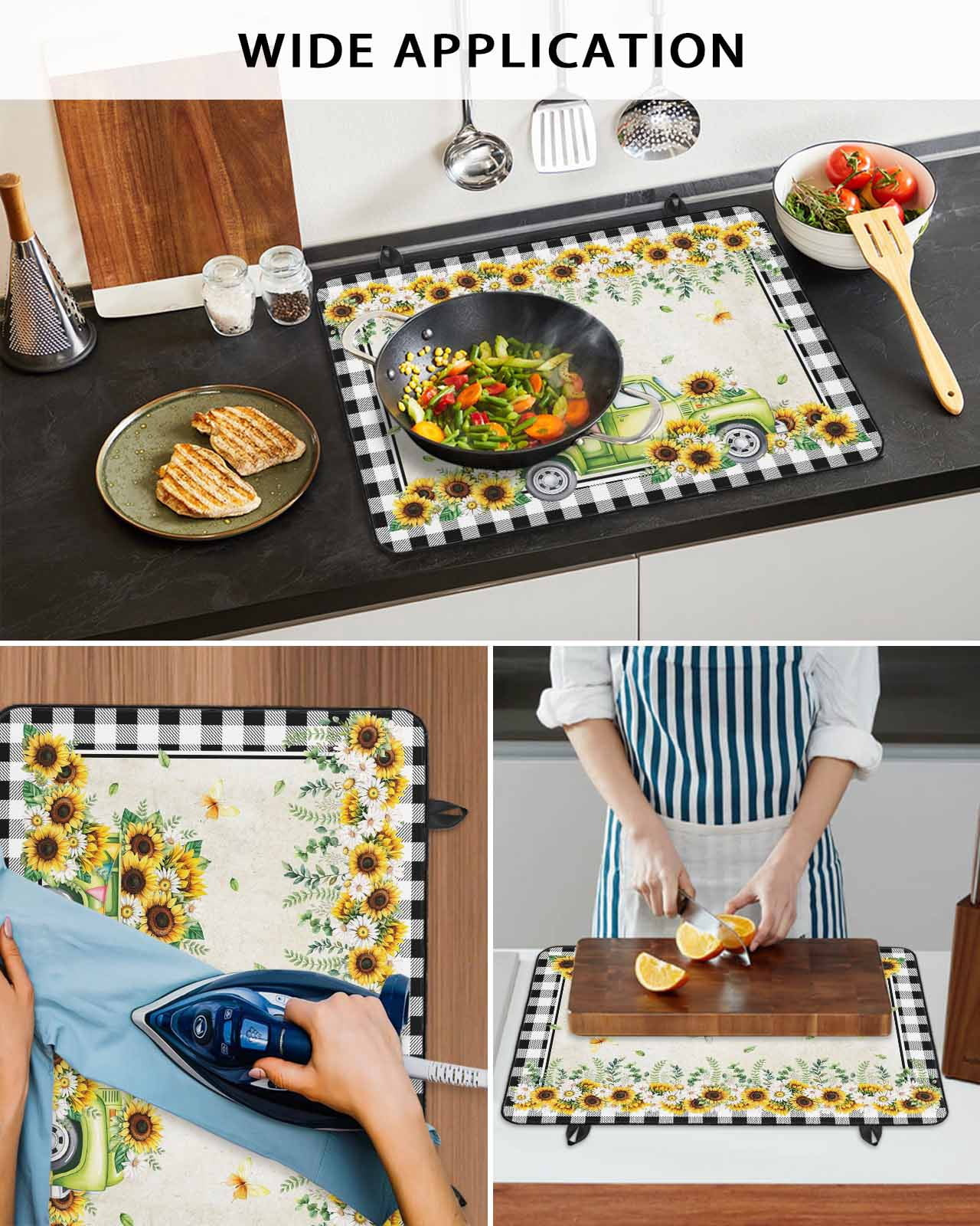 Large Induction Cooktop Protector Mat Sunflowers Stove Top Covers for Electric Stove, Spring Farmhouse Country Truck Leaf Black Plaid Decorative Stove Burner Cover Mats, Glass Top Stove Cover