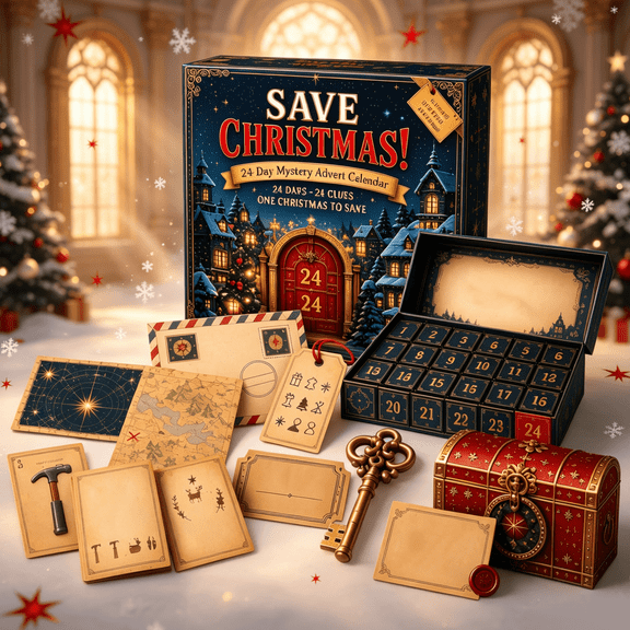 24-Day Mystery Adventure Advent Calendar, 24 Day Puzzle Clue Countdown Game, At-Home Escape Room Interactive Story Box, Holiday Gift for Family & Puzzle Players (Save Christmas)
