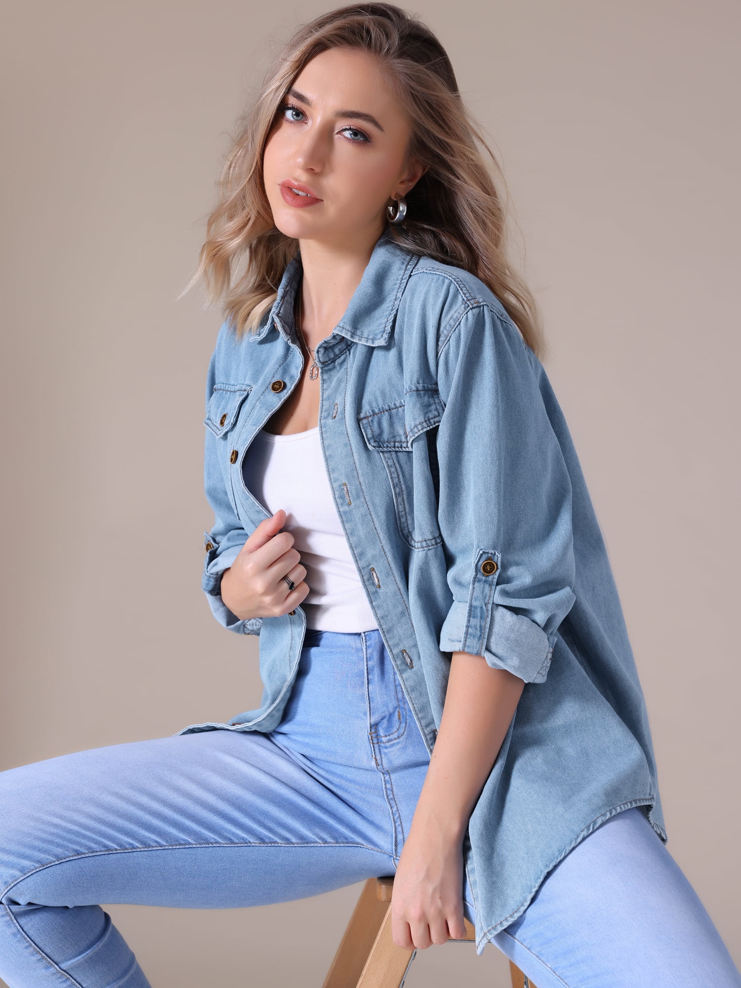 Unique Bargains Women's Denim Shirt Long Sleeve Jean Jackets Casual XL Light Blue