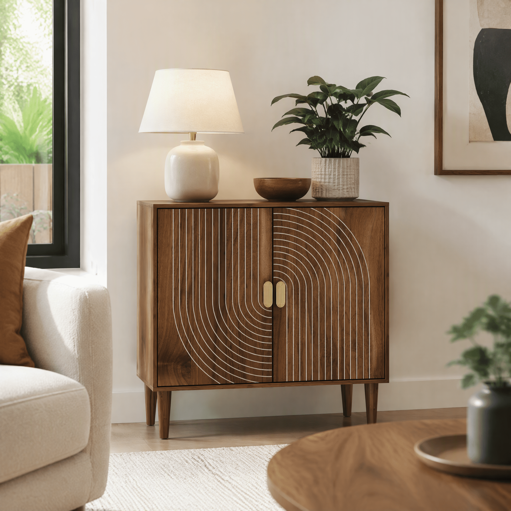 Buffet Cabinet with Line Groove Design, Sideboard Buffet Cabinet With Storage, Multifunctional Accent Cabinet for Living Room, Entryway, Hallway, Office, Kitchen, Walnut Wood