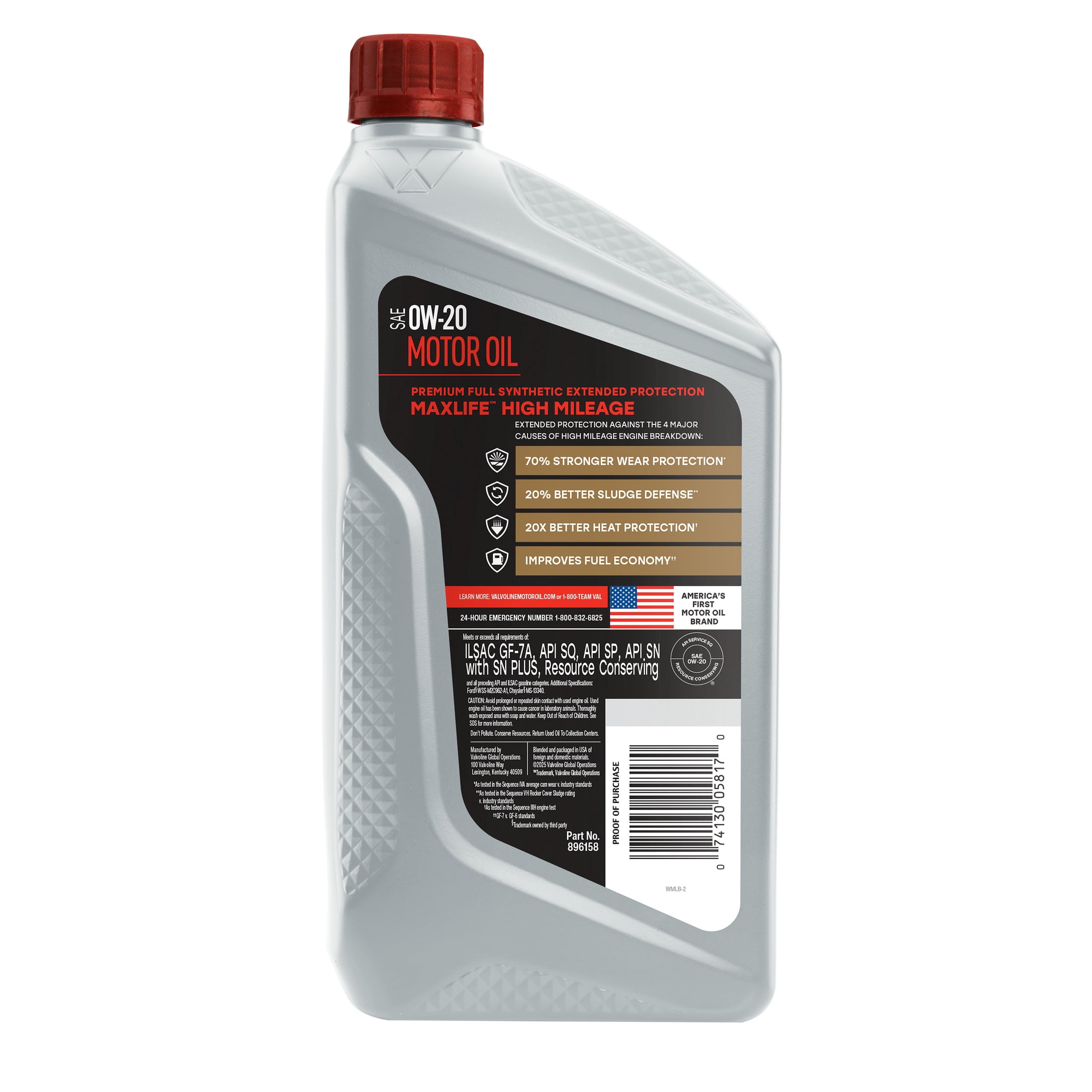 (4 pack) Valvoline MaxLife Extended Protection Full Synthetic High Mileage 0W-20 Motor Oil 1 Quart