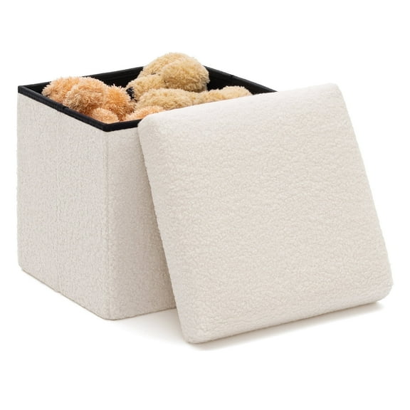 Lusimo Boucle Small ottoman with storage for living room, 12" Folding storage bench Foot Rest, End of Bed Bench for Bedroom Entryway, Faux Shearling Fabric Cube Seat White