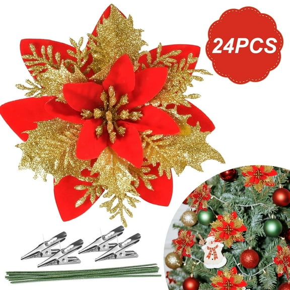 AGCAN Christmas Flowers Artificial, 24 Pcs 5.5" Red Gold Poinsettia Glitter Christmas Flower with Clip&Stick for Xmas Tree Decor Wreath Fireplace Boxed Ornaments New Year Wedding Home Party