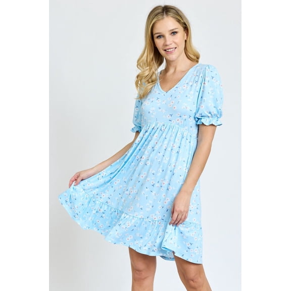 Spring Daisy Ruffle Trim Puff Sleeve V-Neck Mini Dress | S-3X