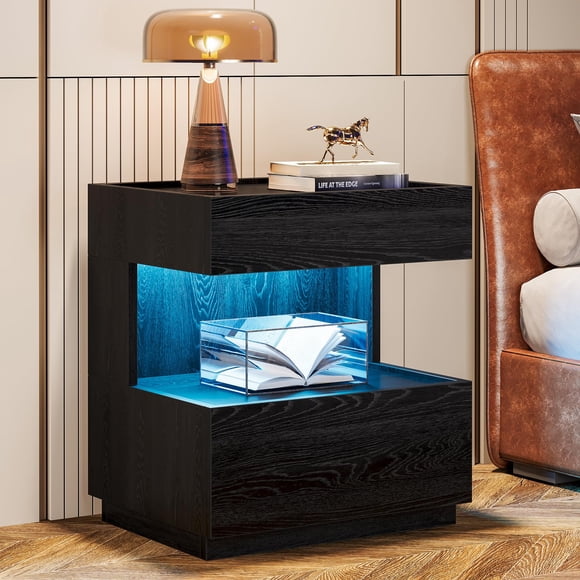 Mesa de Noche Tribesigns Negra con LED y 2 Cajones de Madera
