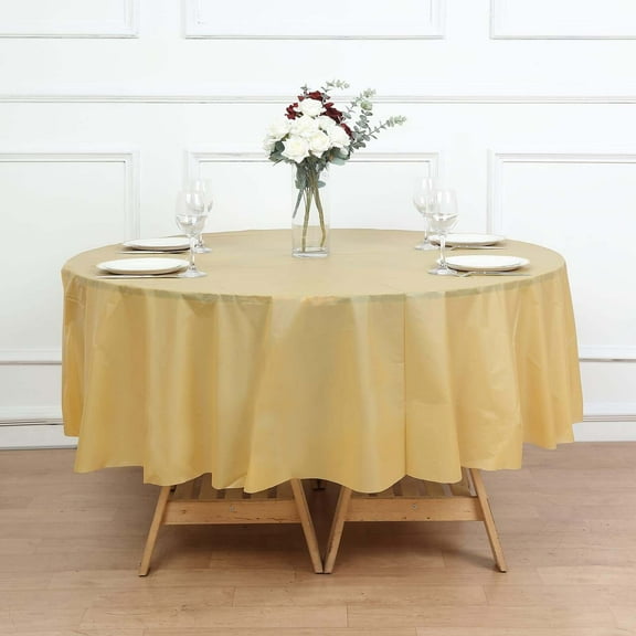 Efavormart 5 Pack Gold Round Plastic Tablecloths, Waterproof Disposable Table Covers - 84"