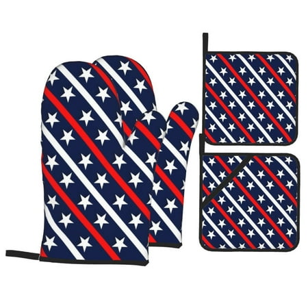 

Oven Mitts and Pot Holders 4 pcs Set Patriotic Star Pattern Heat Resistant Silicone Oven Mitts Pot Holders for Kitchen Baking Cooking Non-Slip Oven Gloves Hot Pads Potholders