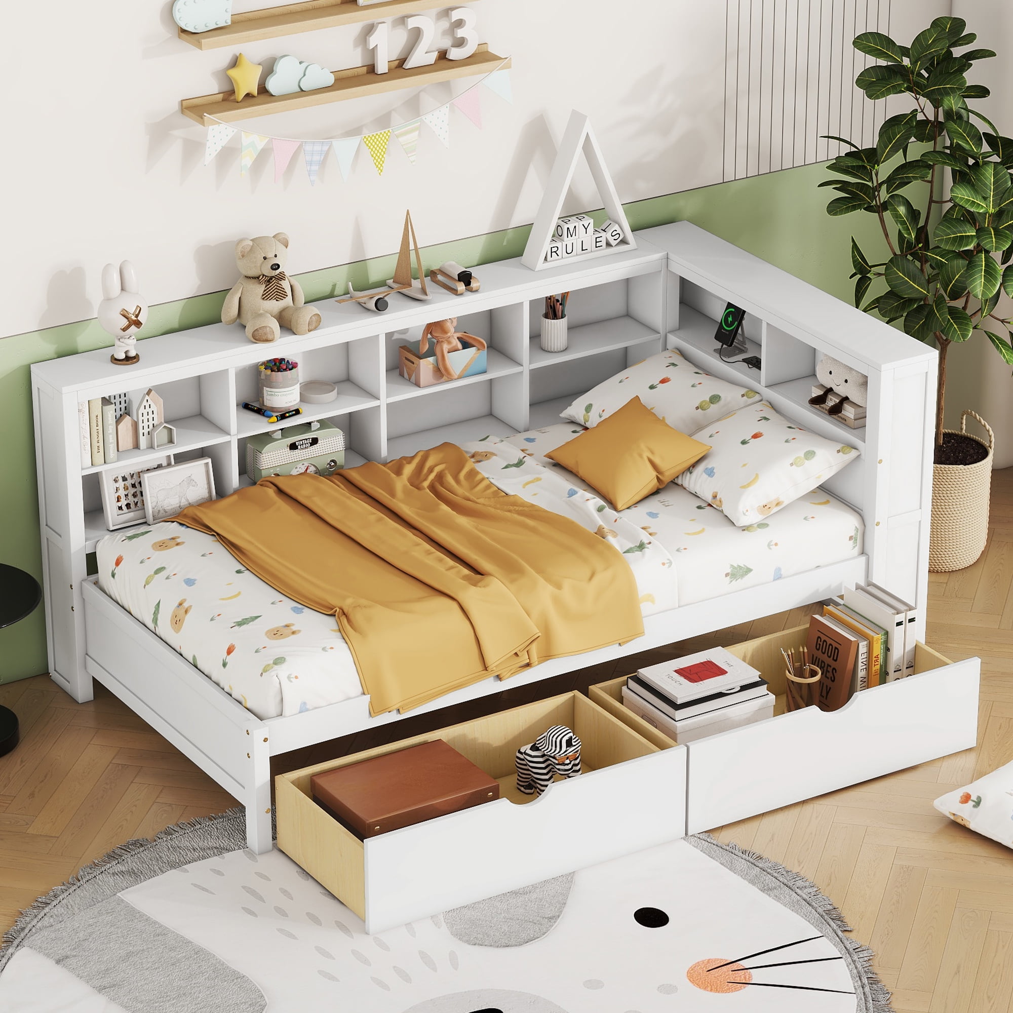 Mintazer Twin Daybed with Storage Headboard & Charging Station, 2 Drawers & Shelves for Kids Bedroom, White
