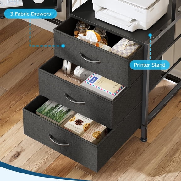 Small Corner Desk with Drawers, Corner Gaming Desk with Power Outlets & Printer Shelf for Small Space, Triangle Computer Desk with LED Lights, Keyboard Tray and Monitor Stand, Black$$
