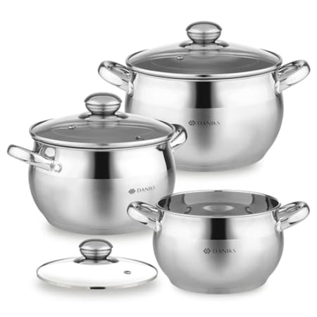 Classic 6-Piece Stainless Steel Cookware Set with Glass Lids Tri-Ply Bases for Even Heating Induction Compatible Dishwasher Safe