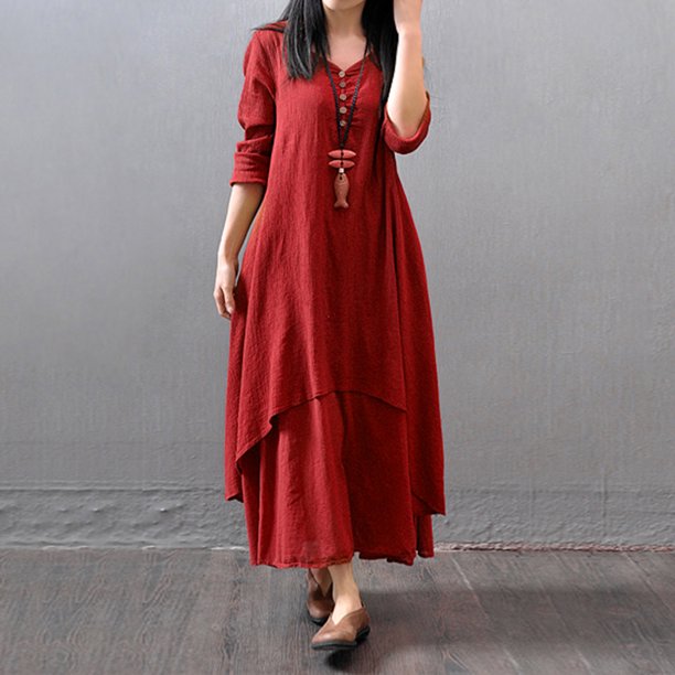 Vestido Vestido de cuello redondo de mezcla de algodón Estilo bohemio Vestido de playa en capas para mujer Traje diario Kuymtek Vino rojo T M para Mujer