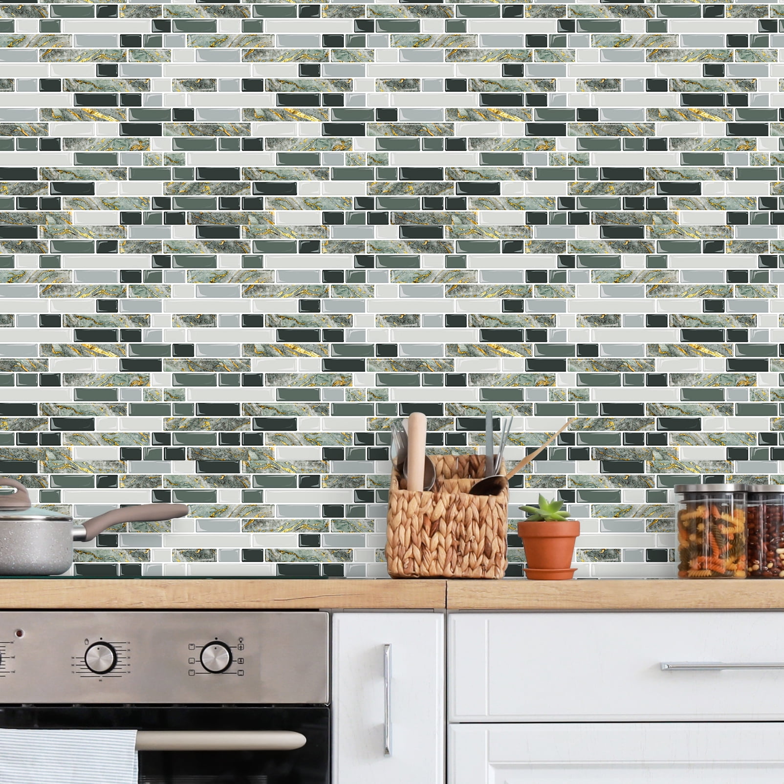 DEWOO Thick Kitchen Peel and Stick Tile Backsplash, Stick on Wall Tiles, 12"x12" Self Adhesive Sticky 3D Wall Marble Tiles Bathroom (10-Sheet，Gray Green)