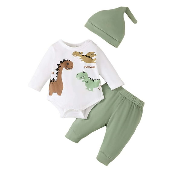 Kucnuzki 1 Months Newborn Baby Boy Winter Outfits Pants Sets 3 Months Long Sleeve Carton Dino Prints Rompers Elastic Pants Hat 3PCS Set Green