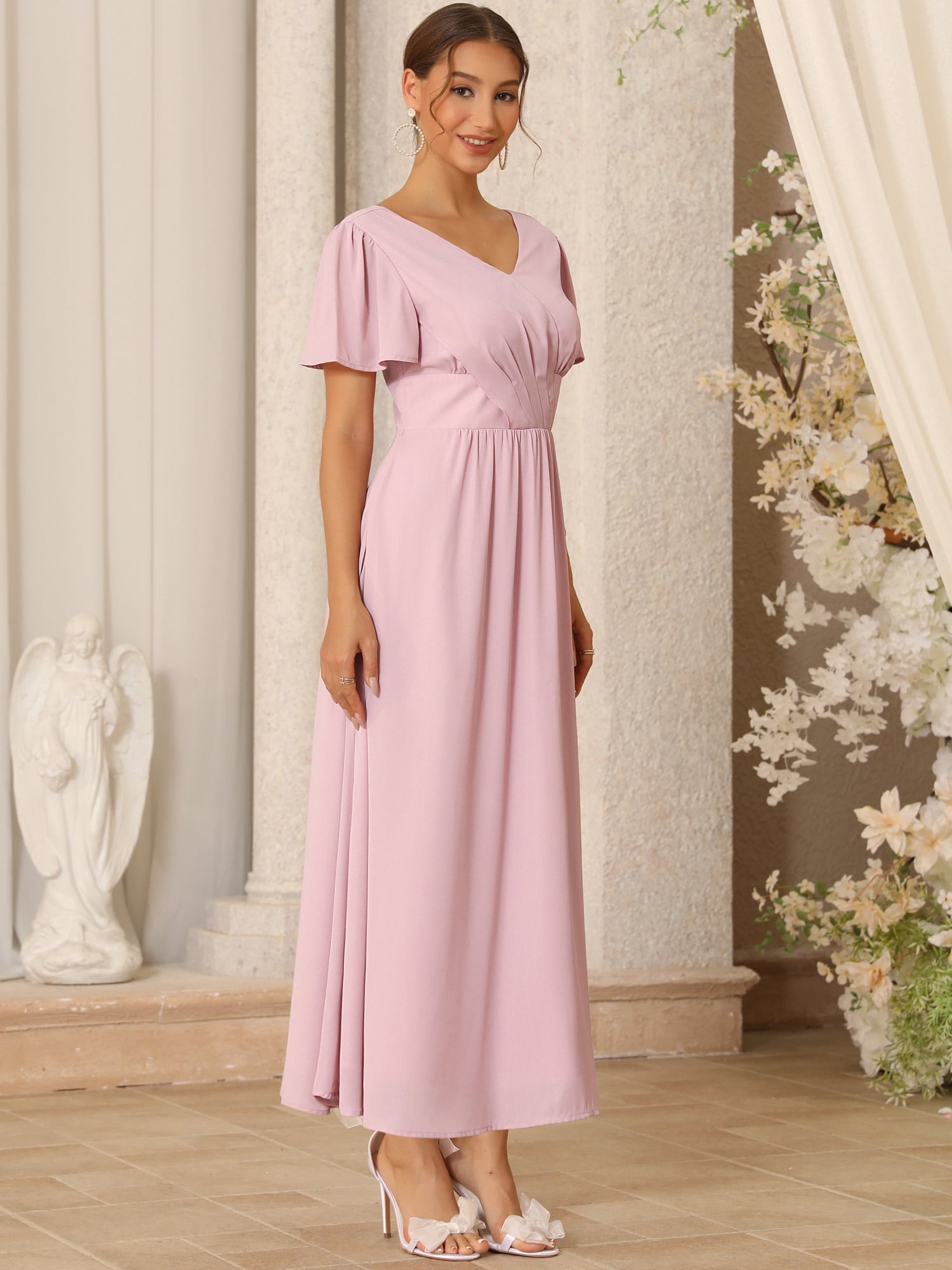 DARING DIVA Women's Bridesmaid Dress Chiffon Long Pleated Maxi Dresses S Pink
