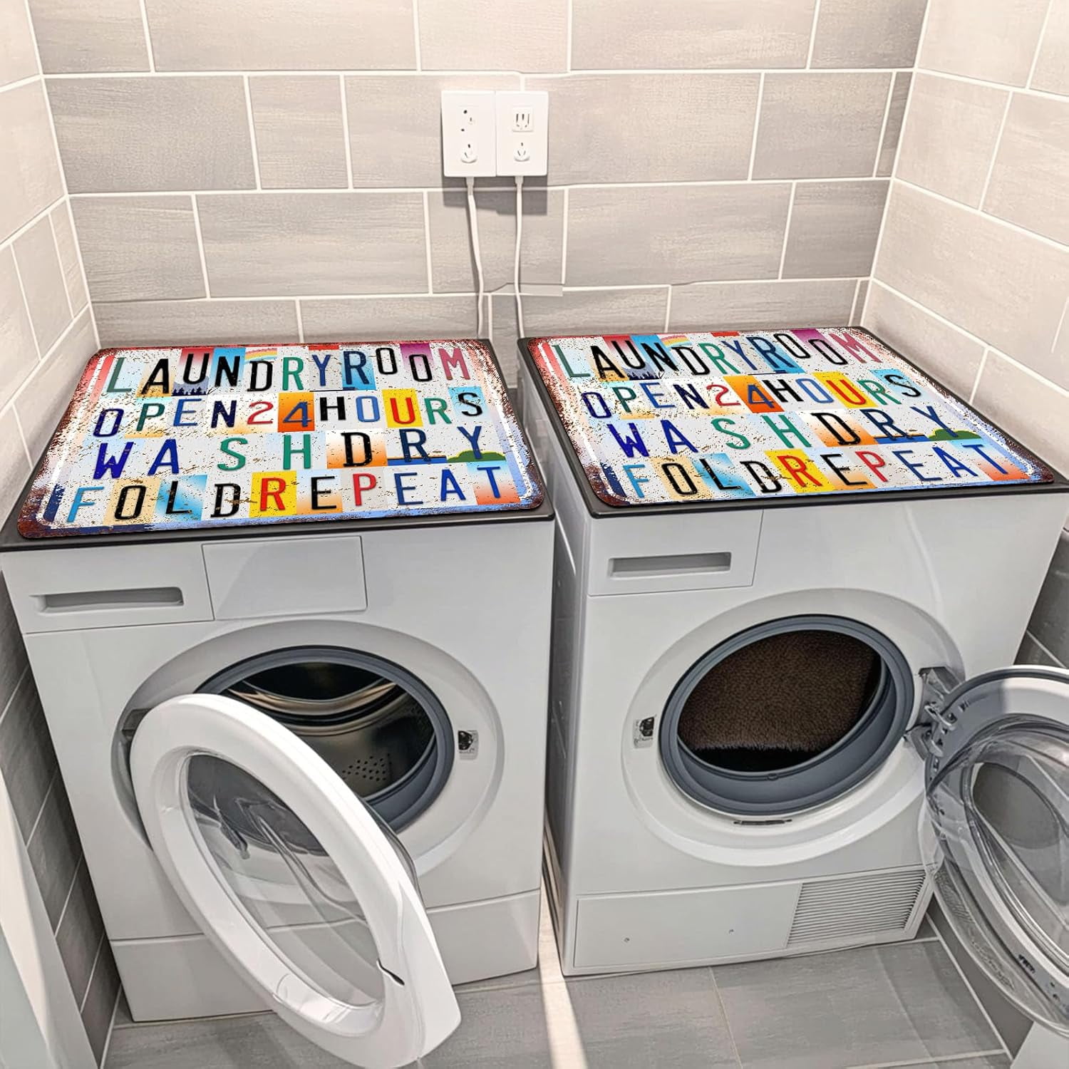 Non-Slip Washer & Dryer Top Cover Protector Mat Dust-Proof Washing Machine Cover Pad With Vintage Multicolor Laundry Sign Design Universal 23.6"x19.7" for Laundry Room & Kitchen Decor