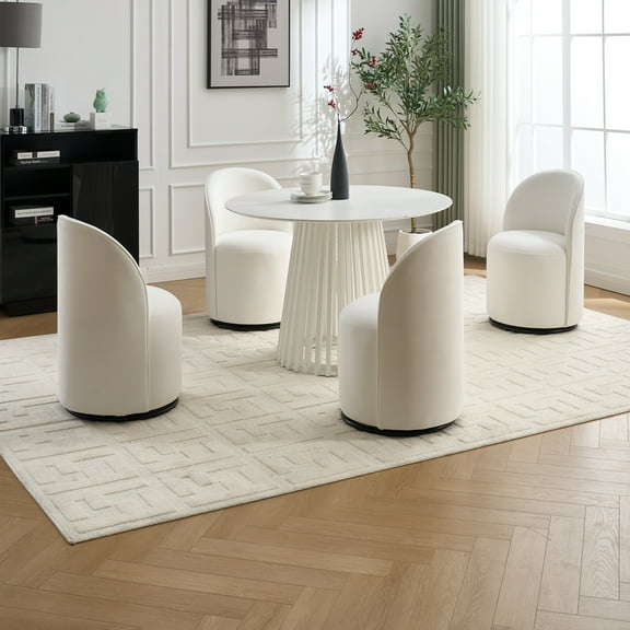 Set Of 1 Upholstered Kitchen & Dining Room Barrel Chair, Mid Century Modern Round Velvet Dining Chair, 360 Degree Swivel Comfy Armless Accent for Bedroom Living Room White