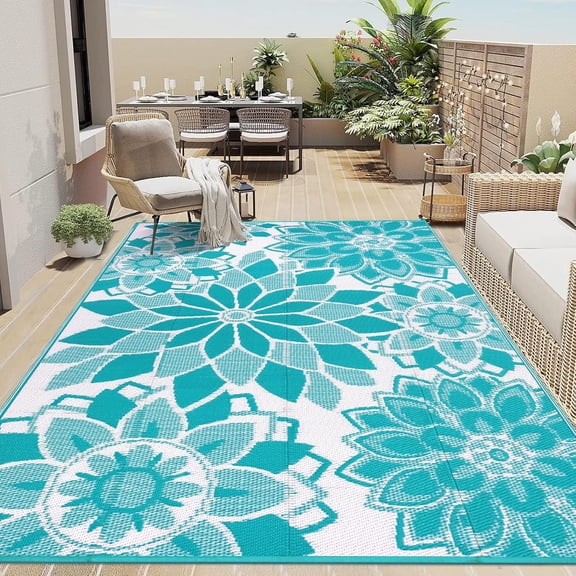 Outdoor Rug for Patio 5x8 ft Reversible Plastic Straw Patio Camping Rug, Floral RV Mat for Camper Indoor Outdoor Carpet for Deck Porch Picnic Beach Balcony Backyard, Teal & White