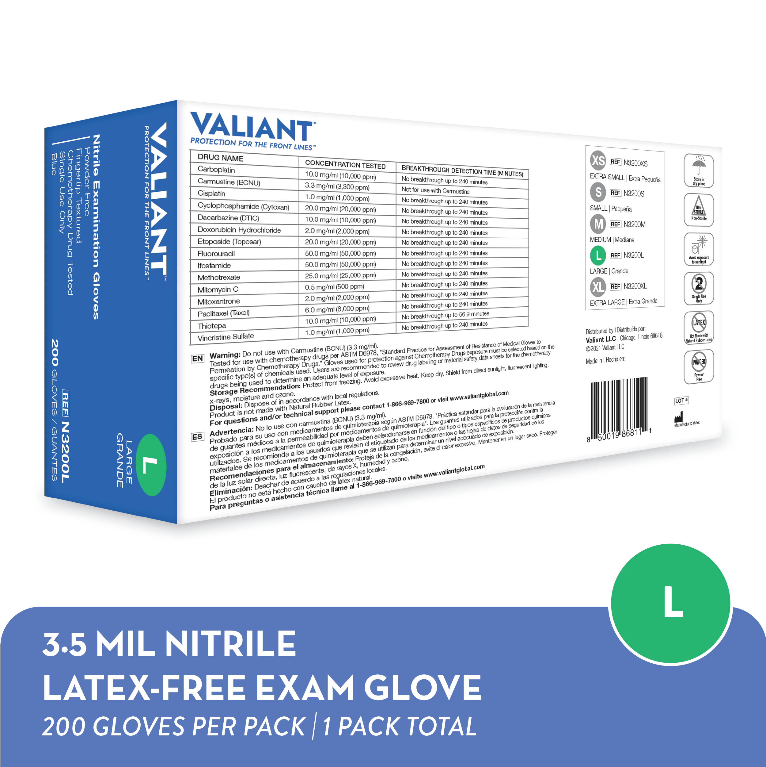Valiant N3200 Nitrile Exam Gloves, Single Use Only, Fingertip Textured, Cornflower Blue, Large, 200 Per Box
