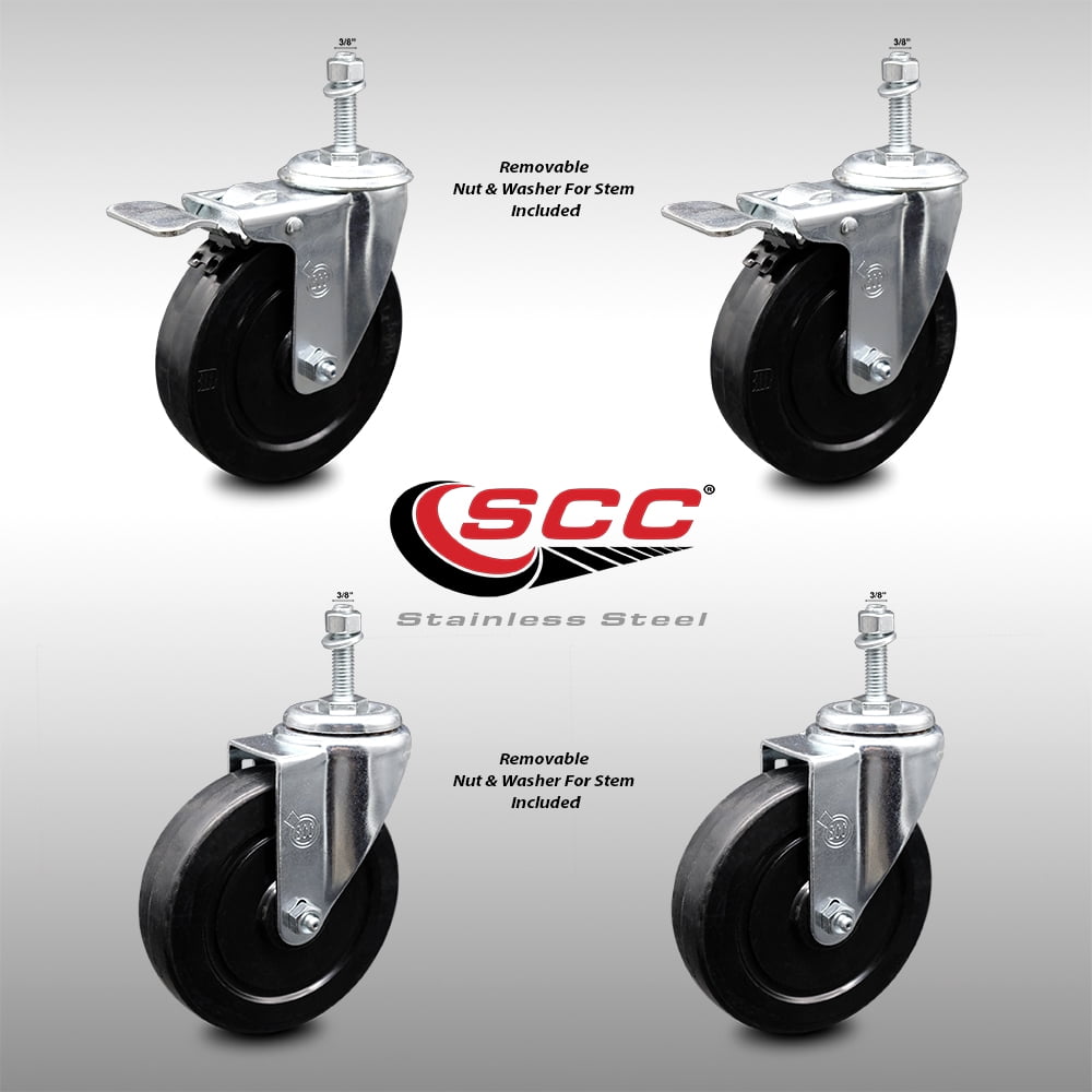 Stainless Steel Soft Rubber Swivel Threaded Stem Caster Set of 4 w/5" x