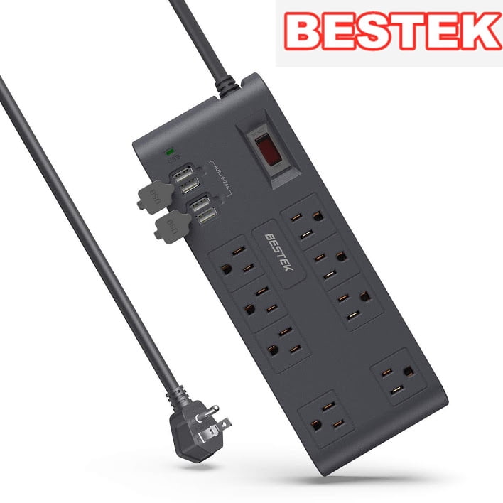 FCC ETL Listed BESTEK 8-Outlet Surge Protector Power Strip 15Amp 600 Joule 5V 4.2A 4 Smart USB Charging Ports 10-Foot Heavy Duty Extension Cord Black