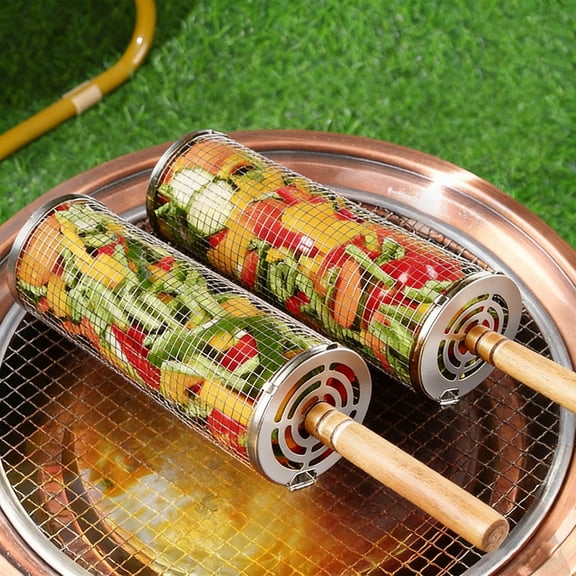 KitGody Rolling Grill Basket,Removable Wooden Handle, 304 Stainless Steel, Nesting BBQ Tools, Smoker Grilling Accessories for Vegetable, Outdoor Cooking Camping