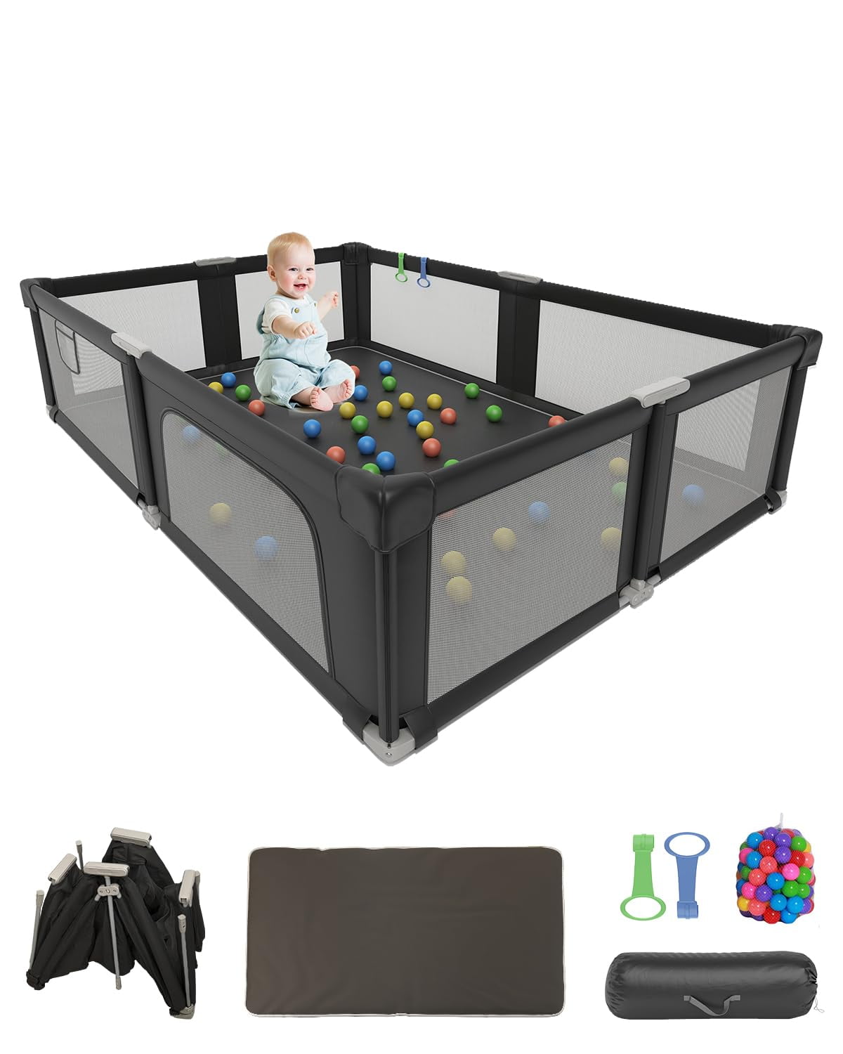 NEGYLIM 73" ×61" Large Baby Playpen, Baby Playard for Babies and Toddlers, Baby Fence Play Pens for Indoor & Outdoor, Sturdy Safety Play Yard with Soft Breathable Mesh and Carry Bag, Anti-Fall, Black