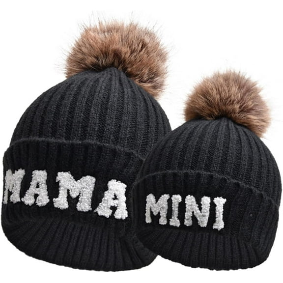 2PCS Parent-Child Beanie Hat Mama and MINI Embroidery Knitted Hat Winter Warm Cuffed Ski Cap with Pom Pom