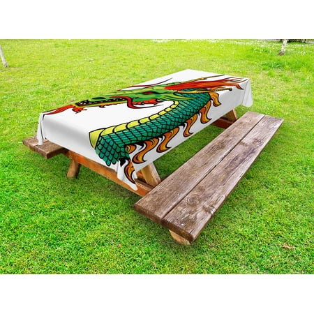 Universal Monsters Retro Cloth - Dragon Outdoor Tablecloth, Monster Head Portrait Traditional Danger Retro Fantastic Animal Cartoon, Decorative Washable Fabric Picnic Table Cloth, 58 X 84 Inches,Fern Green Orange Red, by Ambesonne
