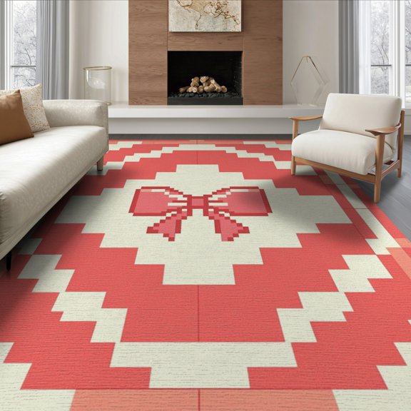 ODIKA 8'x10' Washable Area Rug Pixel Retro Atomic Mosaic Border Motif Geometric Mid Century Refined Structured for Dining Room, Large Office, Lounge, Non-Slip Chair-Friendly Mat
