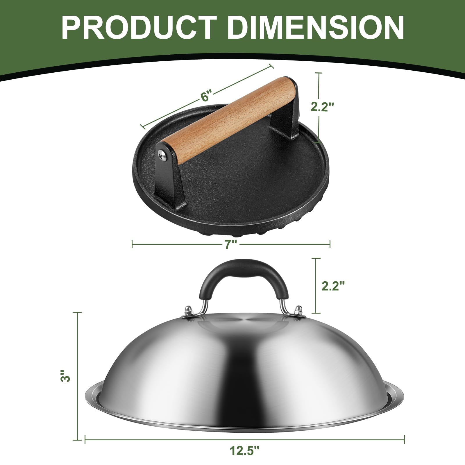 Mibote Griddle Accessories for Blackstone,12inch Heavy Duty Round Dome with Cast Iron Grill Bacon Press
