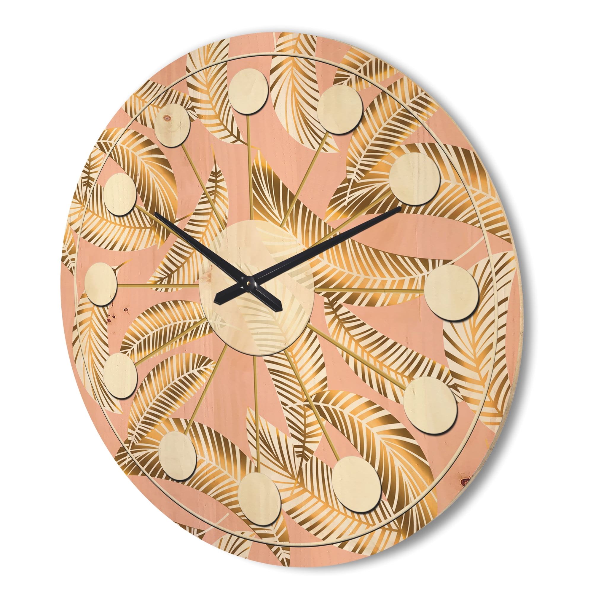 Designart 'Retro Golden Foliage IV' Mid-Century Modern Wood Wall Clock