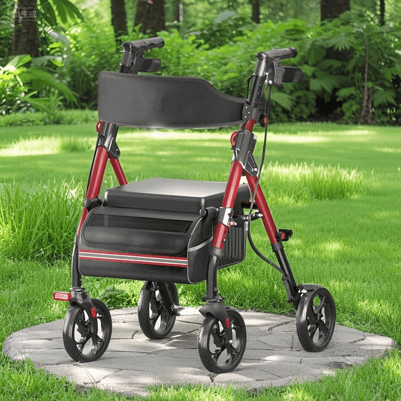 Foldable Rollator Walkers with Seat for Seniors, 350 lb Capacity, 8'' Big Wheels, 6-Position Height, Premium Hybrid Rolling Walker - Aluminum and Carbon Steel (RED)