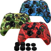MXRC Silicone Rubber Cover Skin case Anti-Slip Water Transfer Customize Camouflage for Xbox One/S/X Controller x 3(red & Yellow & Blue) + FPS PRO Extra Height Thumb Grips x 8