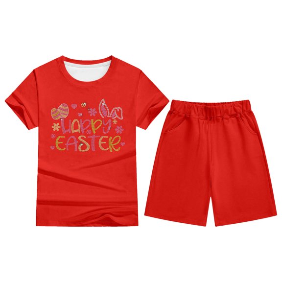 MUXiin Girls Summer 2 Piece Easter Outfits Kids Cartoon Rabbit Bunny Oversized T Shirts and Shorts Clothing Sets 5-14 Years