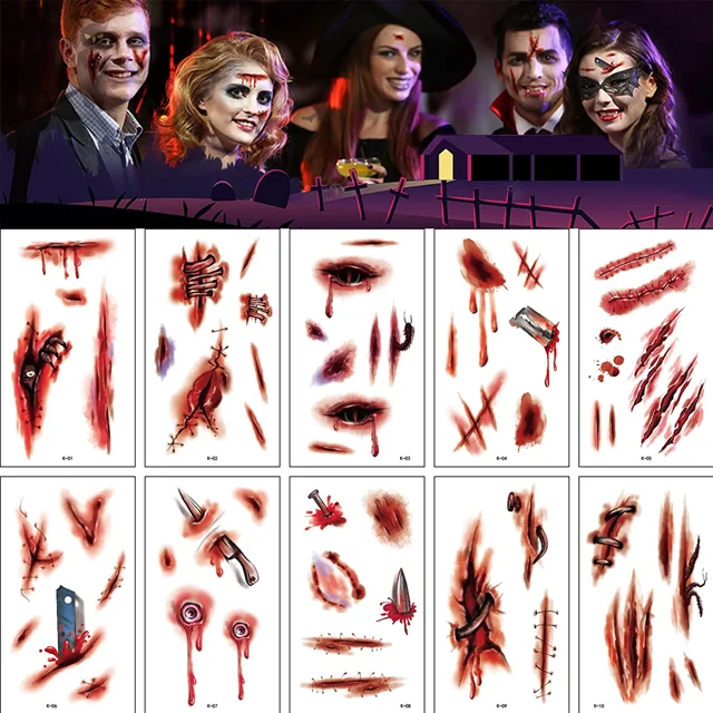 Tatuajes Temporales De Halloween, 20 Hojas De Diseño Diferentes Maquillaje Profesional De Halloween, Cicatrices De Tatuajes De Halloween Con Tatuaje De Costra Falso (6.8*12cm, Cicatrices A)