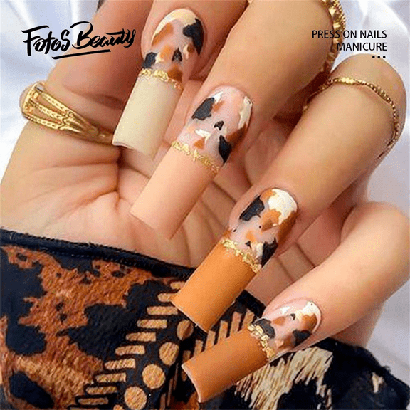 Fofosbeauty 24pcs Press on False Nails Tips, Long Coffin Fake Nails, Gold Foil Brown